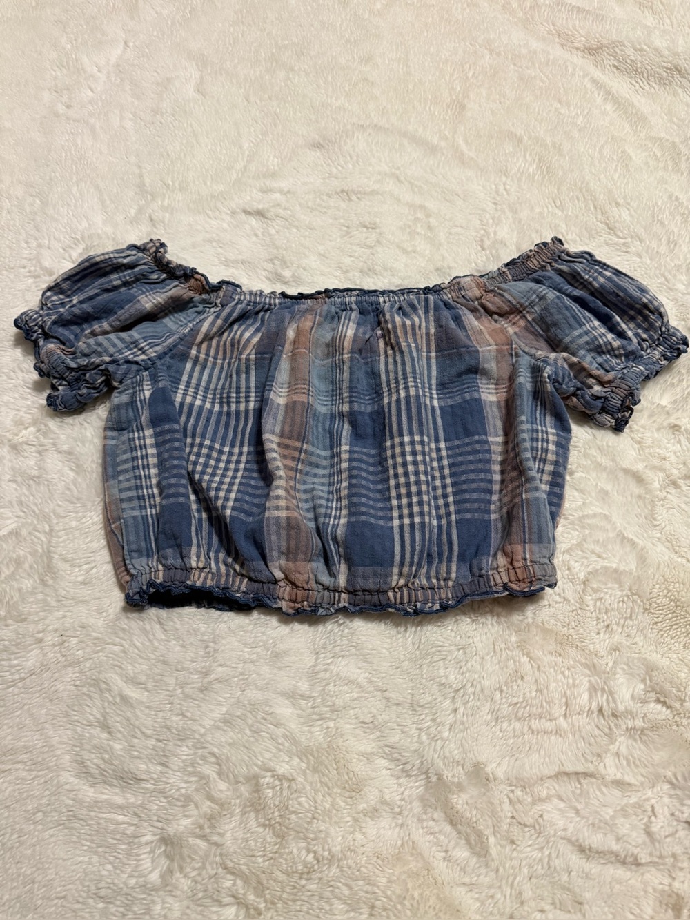 American Eagle Plaid Crop Top Women's XS Puff Sleeve Off Shoulder Peasant Blouse